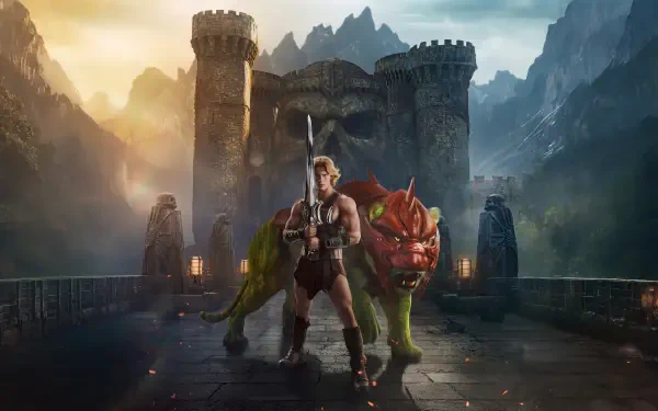 He-Man and Battle Cat stand on a castle battlement at sunrise, mountains behind — Masters of the Universe (2026) 5K Ultra HD PC desktop wallpaper.
