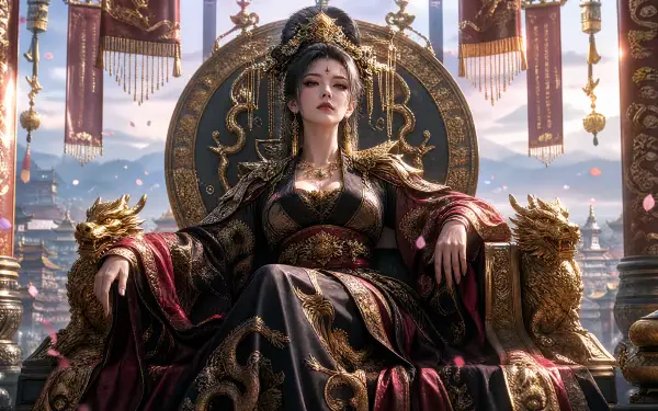4K Ultra HD PC desktop wallpaper of a regal empress: a seated royal woman in ornate gold-and-black robes and crown on a dragon-adorned throne, palace banners and a cityscape behind.