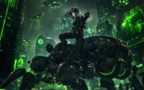 The Ghost In The Shell (2026) 4K Ultra HD PC desktop wallpaper: cybernetic agent perched on a spider-like motorcycle amid neon-green, rain-slick futuristic cityscape.