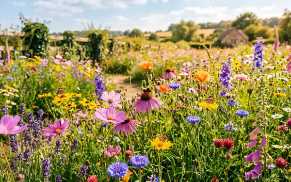 5K Ultra HD PC desktop wallpaper of a nature summer floral scene: sunlit meadow of poppies, cornflowers, coneflowers and lavender with distant cottages under a blue sky.