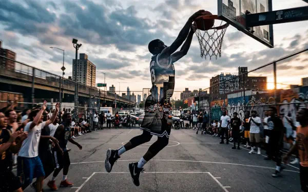 Slam Dunk: player soaring for a dunk in an urban streetball game at sunset, crowd watching — 5K Ultra HD PC desktop wallpaper and background.