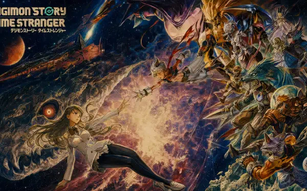 High-detail 4K Ultra HD PC desktop wallpaper for Digimon Story Time Stranger: a heroine floats toward a cosmic explosion while numerous Digimon clash amid stars and swirling nebulae.