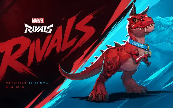 Marvel Rivals 4K Ultra HD PC desktop wallpaper and background: stylized red dinosaur-like creature with spiked collar posed against a split red and blue backdrop and bold Rivals logo.