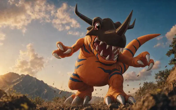 Greymon (Digimon) charging across sunlit rocky terrain under dramatic clouds, roaring toward the viewer — 4K Ultra HD PC Desktop Wallpaper and Background.