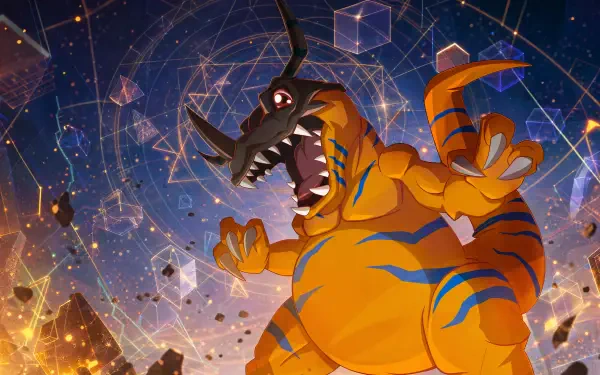 Greymon (Digimon) roaring amid a cosmic geometric sky — dynamic, fiery 4K Ultra HD PC desktop wallpaper and background with glowing constellations and energy sparks.