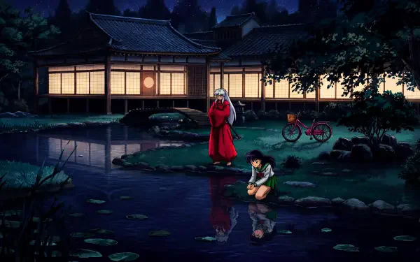5K Ultra HD anime PC wallpaper: InuYasha and Kagome Higurashi at a moonlit pond in a feudal Japan village, lit traditional house and bicycle reflected in the water.