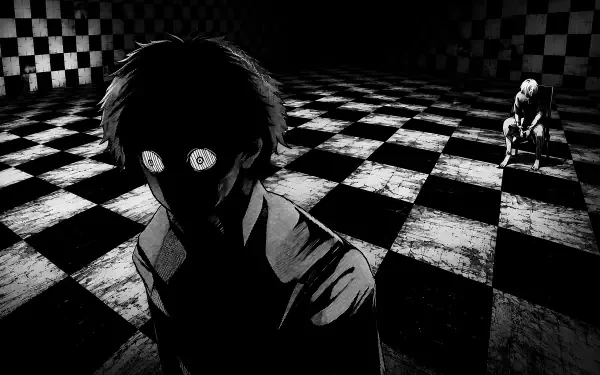 Tokyo Ghoul:re 2K Quad HD PC desktop wallpaper/background — stark black-and-white checkerboard room with a shadowed figure with glowing eyes in the foreground and a small seated figure in the distance.
