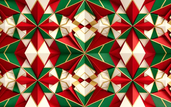 4K Ultra HD PC desktop wallpaper and background: geometric festive pattern of red, green and gold star-like shapes forming a kaleidoscopic holiday motif.