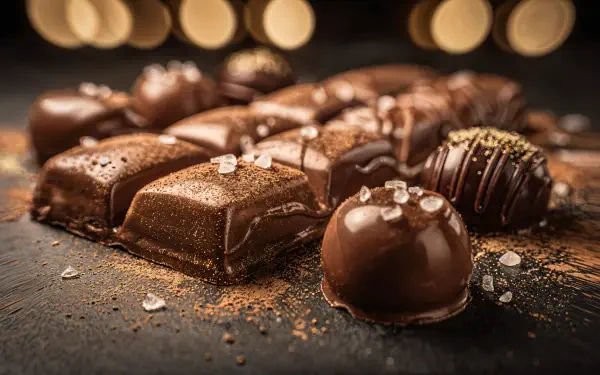 Close-up of artisanal chocolates sprinkled with sea salt and drizzled ganache on a dark surface — 4K Ultra HD PC desktop wallpaper background.