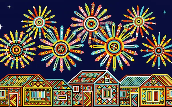 Colorful new year fireworks burst over a row of patterned geometric houses against a deep navy sky — vibrant 4K Ultra HD PC desktop wallpaper and background.