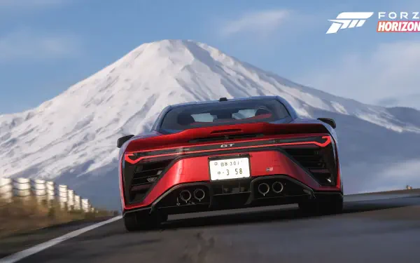 4K Ultra HD PC desktop wallpaper: rear view of a red supercar racing toward a snow-capped mountain in Forza Horizon 6 video game.