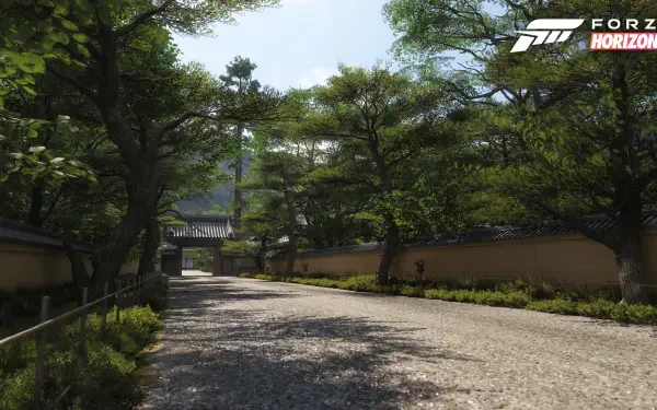 Forza Horizon 6 4K Ultra HD PC desktop wallpaper — sunlit tree-lined gravel path leading to a traditional gate in a detailed video game landscape.