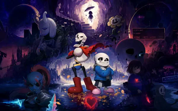Undertale 4K Ultra HD PC desktop wallpaper: Sans and Papyrus stand in a glowing cavern, surrounded by other characters, a red heart soul and moody purple-blue background.