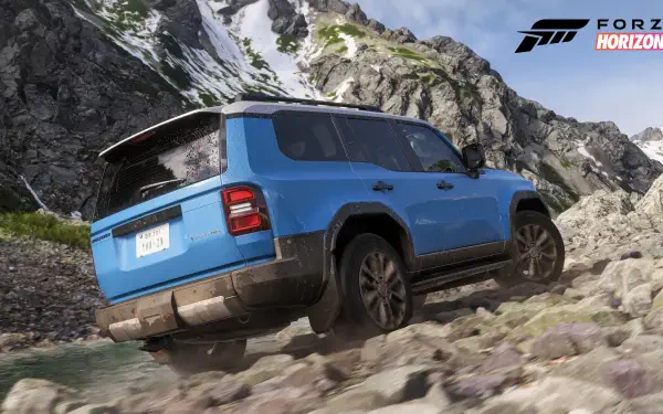 4K Ultra HD PC desktop wallpaper: blue off-road SUV climbing a rocky alpine trail in Forza Horizon 6 video game, Forza Horizon logo in the top corner.
