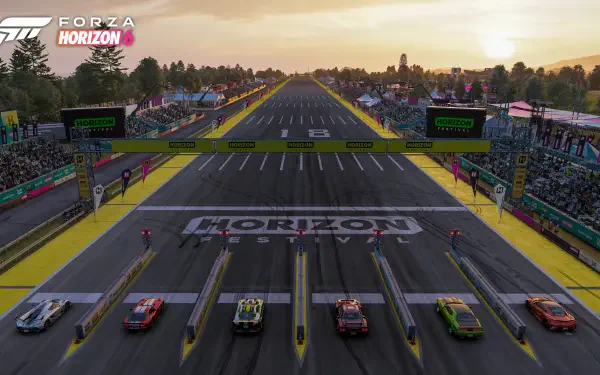 Forza Horizon 6 (video game) 4K Ultra HD PC desktop wallpaper — sunset race start with six sports cars on the Horizon grid, festival crowds and banners lining the track.