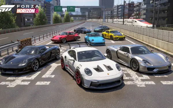 Forza Horizon 6 video game 4K Ultra HD PC desktop wallpaper and background: lineup of sports cars on an urban highway with city skyline and race markings.