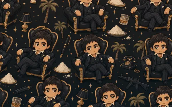 Scarface 4K Ultra HD PC desktop wallpaper: repeating chibi mob boss in a suit on armchairs amid piles of white powder, guns, palm trees, whiskey and gold on a dark starry background.