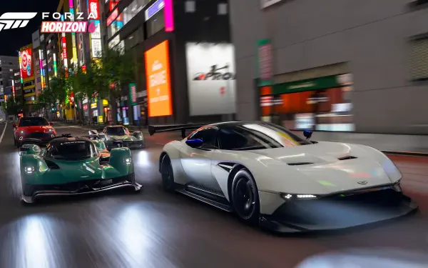 Forza Horizon 6 video game 4K Ultra HD PC desktop wallpaper and background: sleek supercars racing through neon-lit city streets at night.