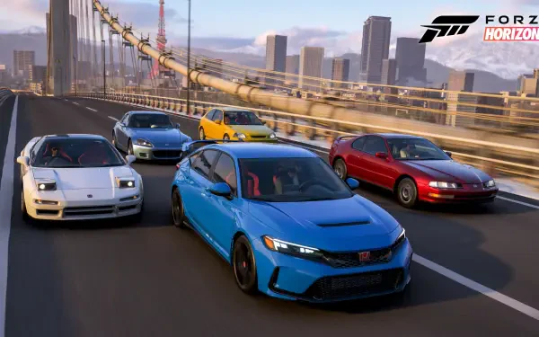Forza Horizon 6 video game 4K Ultra HD PC desktop wallpaper and background: five performance cars racing across a sunlit city bridge, Forza Horizon 6 logo in top-right.