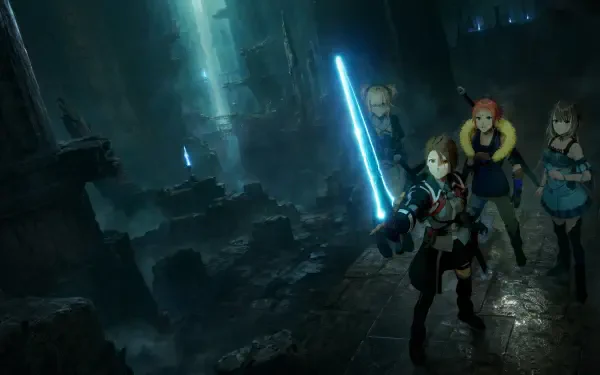 Echoes of Aincrad 4K Ultra HD PC desktop wallpaper: four adventurers, one wielding a glowing blue sword, traverse a misty, cavernous ruin lit by towering shafts of light.