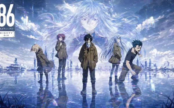4K Ultra HD PC desktop wallpaper of Eighty Six: six anime characters standing on a reflective water surface under a stormy sky, distant futuristic city silhouettes, '86' logo at top-left.