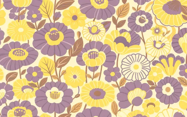 Retro floral pattern in muted yellow, lavender and brown, densely tiled blooms and leaves — 4K Ultra HD PC desktop wallpaper/background.