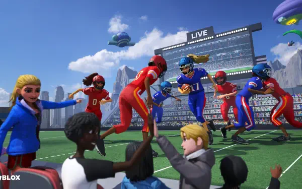 Roblox video game: vibrant football match in a packed stadium with cheering fans and floating drones — 4K Ultra HD PC Desktop Wallpaper and Background.