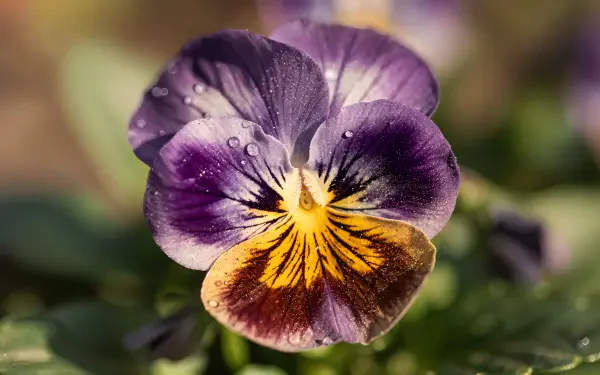 Close-up pansy with purple, yellow and rust tones and dew drops, vivid bokeh background — 4K Ultra HD PC desktop wallpaper/background.