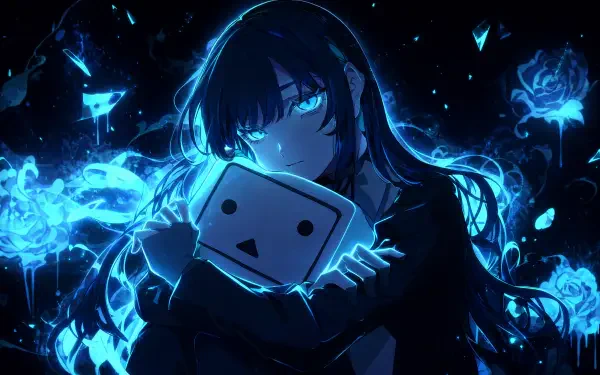 Moody neon-blue anime portrait of a girl clutching a small white box mask, surrounded by glowing roses and shards — 4K Ultra HD PC desktop wallpaper.
