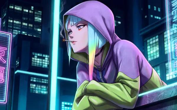 Lucy (Cyberpunk: Edgerunners) — neon-haired anime waifu in a purple hoodie, smoking while leaning on a rooftop railing amid neon Night City lights; 5K Ultra HD desktop wallpaper.