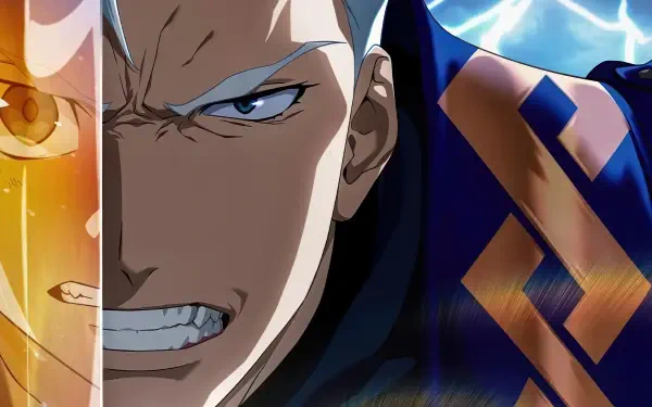 Close-up of a snarling Devil May Cry (2025) character split by a glowing golden mask, electric-blue lightning behind him and blue-and-gold armor — 4K Ultra HD PC desktop wallpaper.