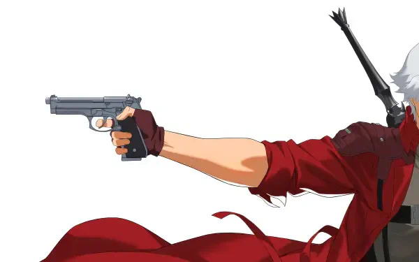 Dante (Devil May Cry 2025) in a flowing red coat with white hair, arm extended firing a handgun — 4K Ultra HD PC desktop wallpaper.