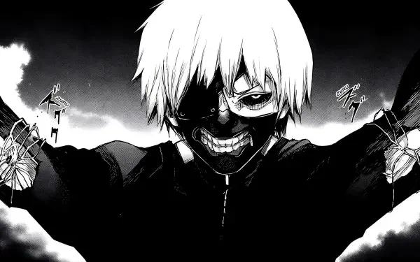 Tokyo Ghoul 4K Ultra HD PC wallpaper: Kaneki in his mask, white hair, one blackened eye, menacing grin, kagune spreading, high-contrast monochrome background.