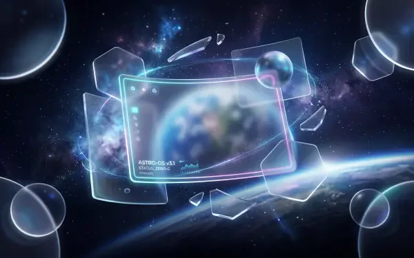 Glass morphism 5K Ultra HD PC desktop wallpaper and background: translucent shattered glass panels framing a glowing planet in a neon-edged starfield, with floating iridescent bubbles.