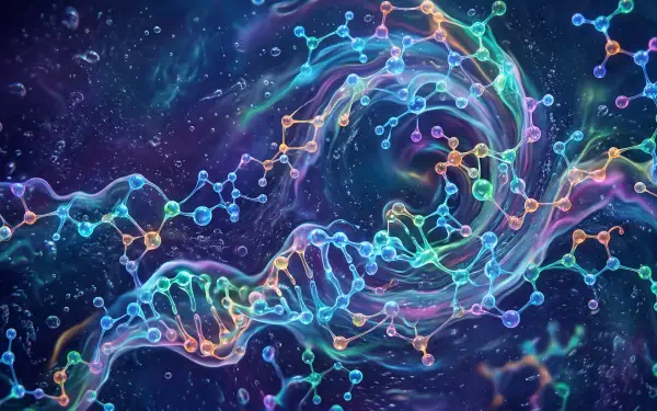 Vibrant molecular pattern: glowing intertwined DNA helixes and colorful molecules swirling in a cosmic field — 5K Ultra HD PC desktop wallpaper and background.