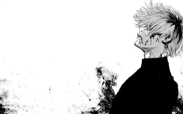 Black-and-white Tokyo Ghoul:re 5K Ultra HD PC desktop wallpaper: scarred, bloodied ghoul in profile, head tilted upward, high-contrast ink-splatter textures dissolving into white space.
