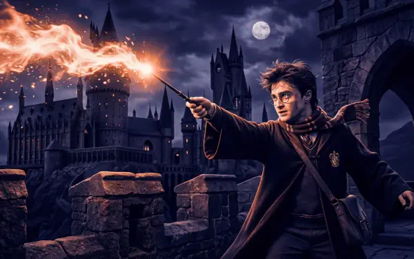 Harry Potter firing a spell across a moonlit Hogwarts skyline; 5K Ultra HD PC desktop wallpaper and background.
