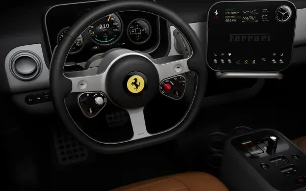 4K Ultra HD PC desktop wallpaper: vehicle interior of a Ferrari Luce cockpit, steering wheel with prancing horse emblem, sport gauges and a digital center display.
