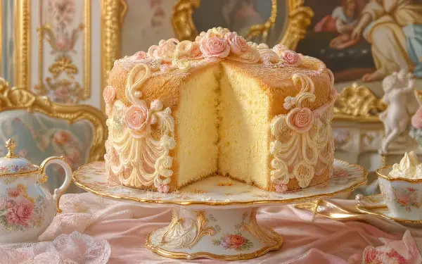 Ornate sponge cake with pink rose frosting and a slice removed, presented as a 4K Ultra HD PC desktop wallpaper and background on a vintage tea-table setting.