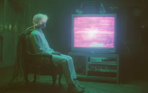 Sci-fi nostalgia: lone person watches a glitching pink CRT in a dim green room with stacked retro electronics - 2K Quad HD PC desktop wallpaper and background.