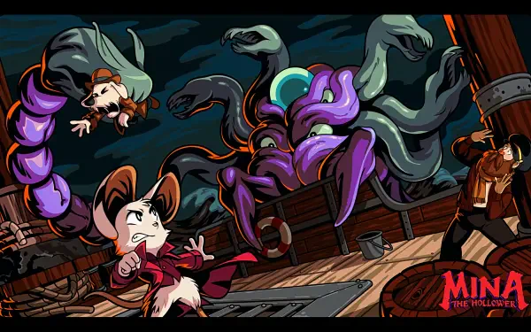 4K Ultra HD PC desktop wallpaper and background from the video game Minna The Hollower: heroine fights a multi-headed sea monster aboard a wooden ship, vivid cartoon style.