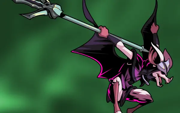 HD PC desktop wallpaper from the video game Minna The Hollower: a bat-like armored figure lunges with a trident against a swirling green backdrop.
