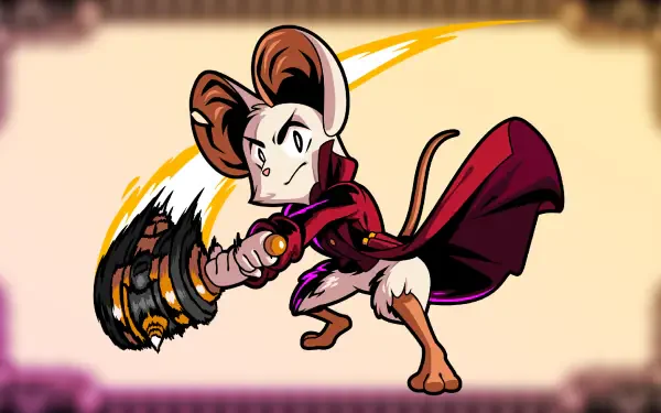 HD PC wallpaper for the video game Minna the Hollower: a cloaked anthropomorphic mouse swings a massive hammer in mid-attack against a pale, blurred backdrop.