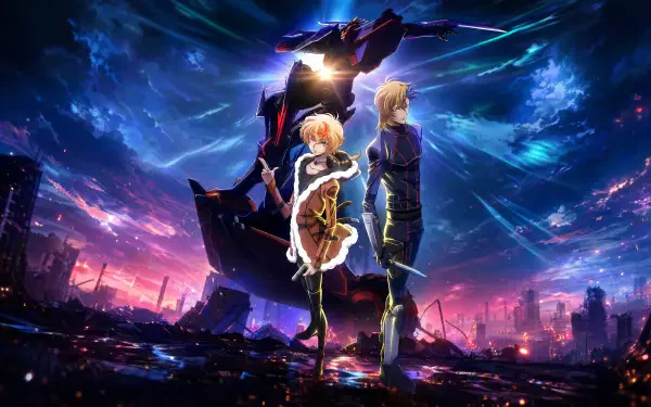 Code Geass: Rozé Of The Recapture — two characters stand back-to-back before a towering mecha beneath a stormy cosmic sky; vivid 4K Ultra HD PC desktop wallpaper and Code Geass background.