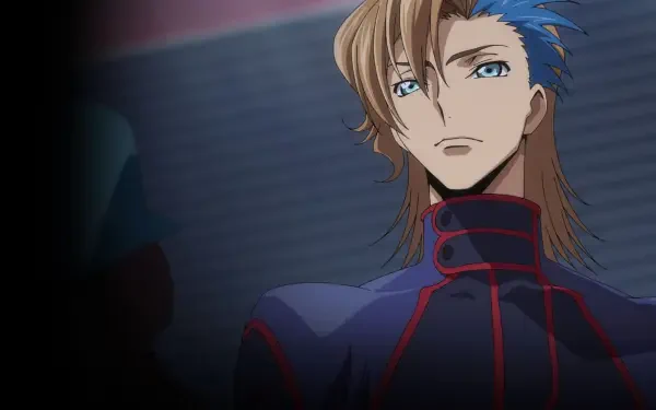 4K Ultra HD anime desktop wallpaper from Code Geass: Rozé Of The Recapture — blue-streaked, long-haired character in a dark red-trim uniform, looking stoic.