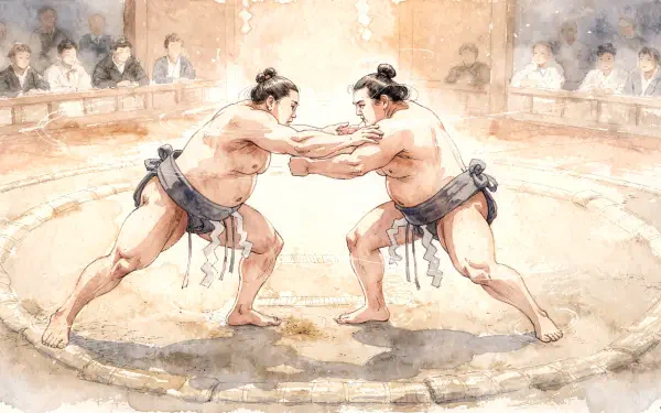 4K Ultra HD PC desktop wallpaper: watercolor-style scene of two sumo wrestlers locked in a bout on a circular dohyo, spectators blurred around the arena.