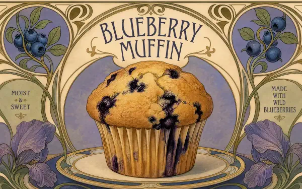 4K Ultra HD PC desktop wallpaper: vintage-style illustration of a blueberry muffin with floral accents and a Blueberry Muffin label.