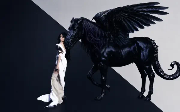 Aespa-inspired 4K Ultra HD PC desktop wallpaper: a woman in a white gown beside a glossy black winged horse against a stark diagonal black-and-white backdrop.