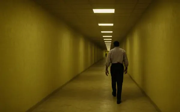 Backrooms corridor in sickly yellow light, lone figure walking away down an endless tiled passage — 4K Ultra HD PC desktop wallpaper/background.