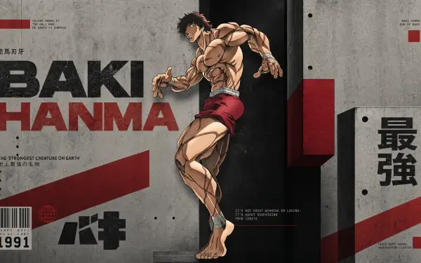 4K Ultra HD PC desktop wallpaper of anime fighter Baki Hanma, muscular and poised against an industrial concrete backdrop with bold red-black graphics and Japanese kanji.